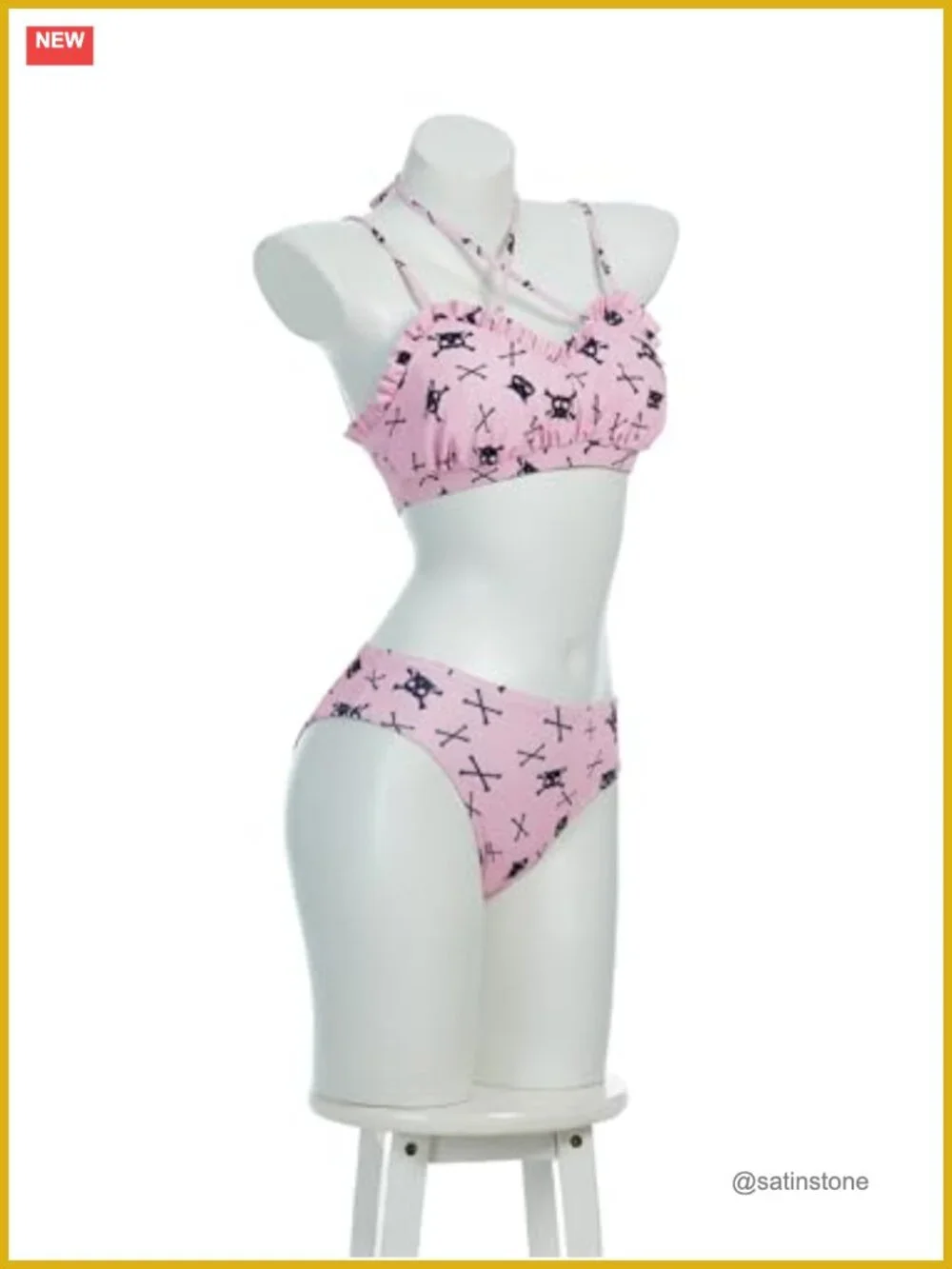 Gothic Bikini Set with Skirt - Cartoon Skull Cat Print Swimwear